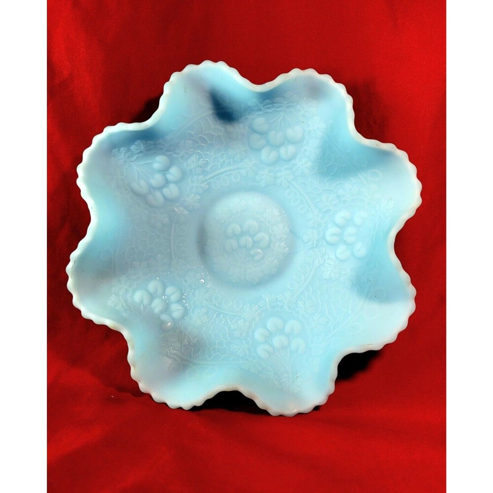 FENTON Candy Trinket Bowl Blue Satin Scalloped Ruffled Cherry VTG Orchard